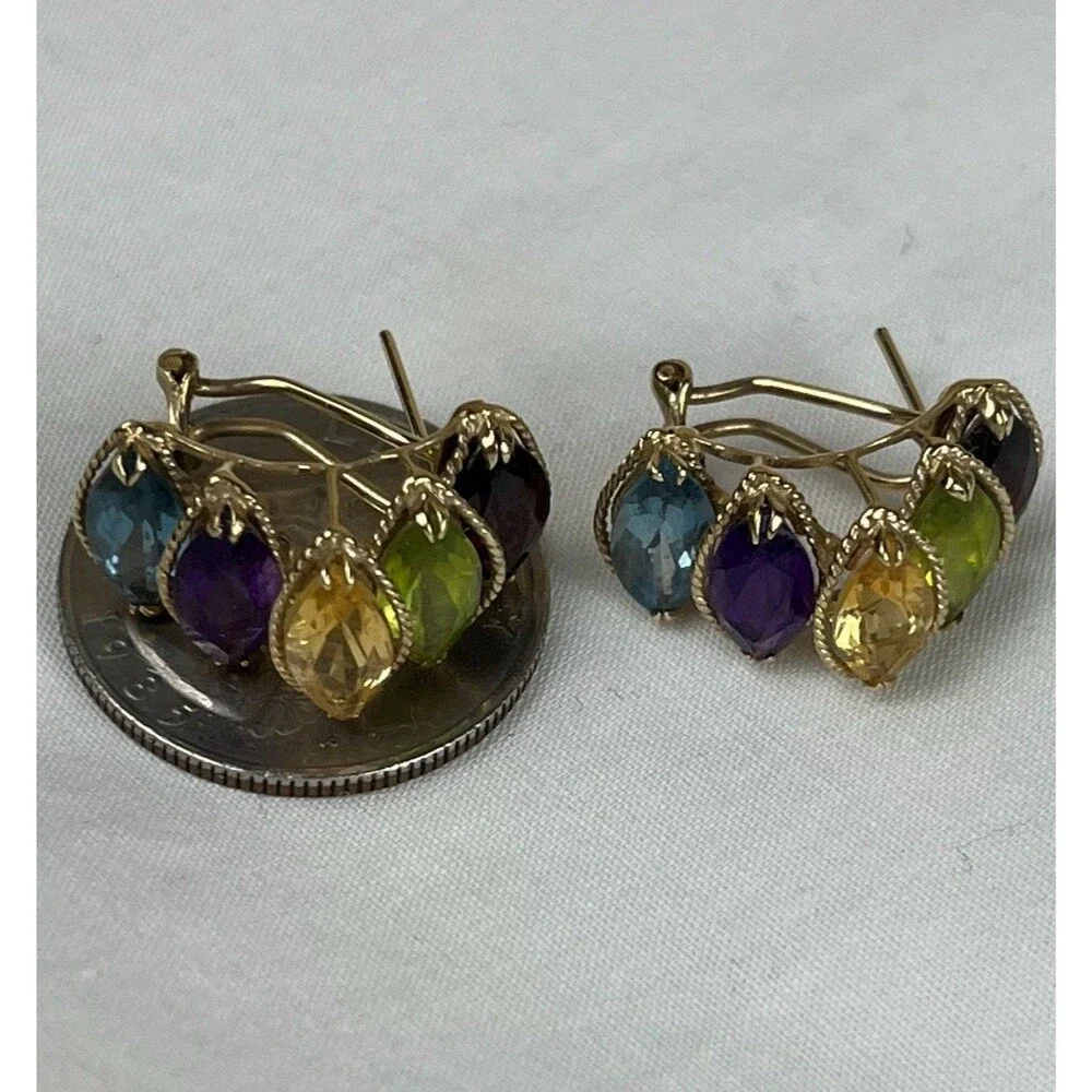 PTJ 14k YELLOW‎ GOLD GARNET, PERIDOT, BLUE TOPAZ, AMETHYST & TOPAZ HOOP EARRINGS